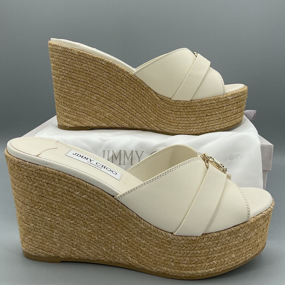 NEW Jimmy Choo Women’s Leda Leather Espadrille Wedges Latte/Gold Size 10